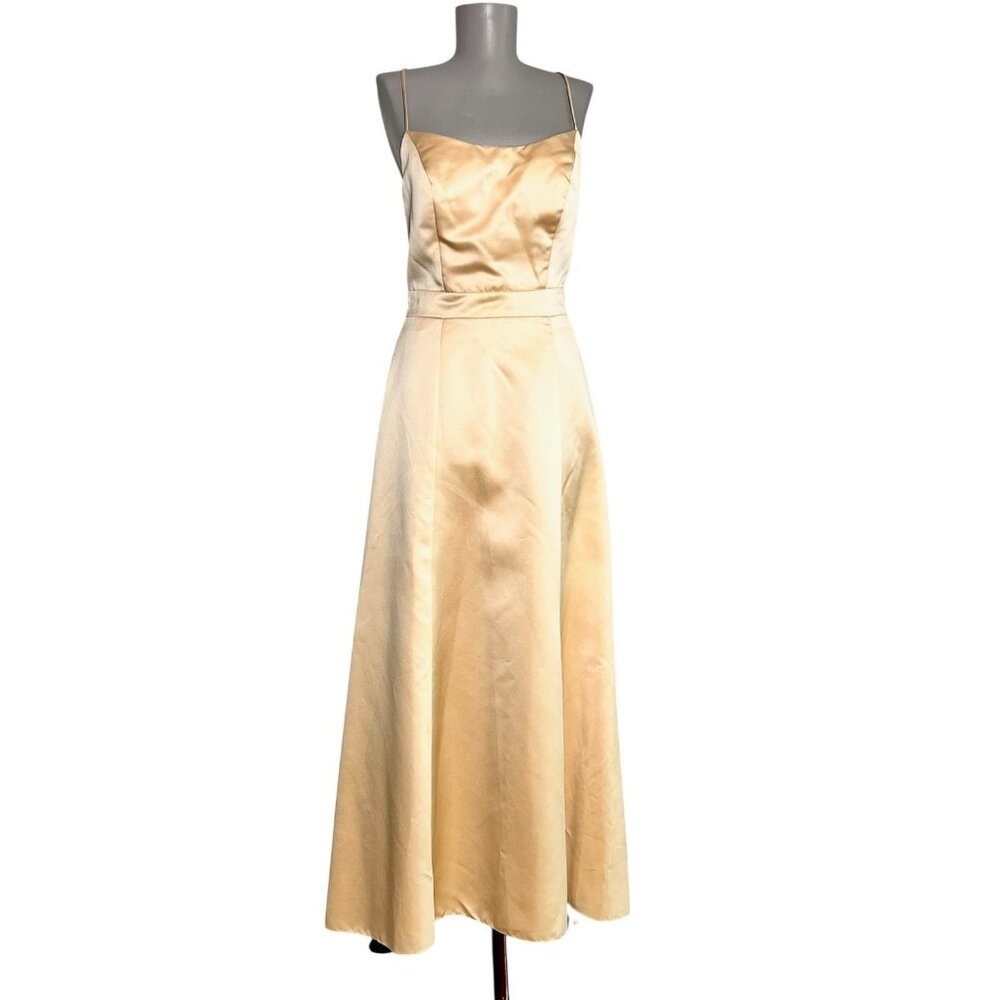 Tiffany Designs Champagne Satin Maxi Dress Bridesmaid Formal Med Needs Cleaning